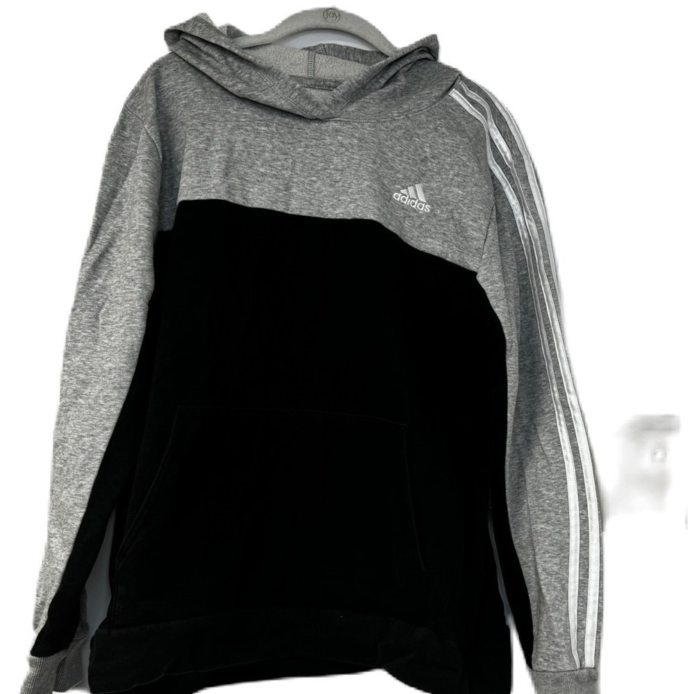 Adidas boys XL 18/20 black gray white stripes hoodie athleisure sporty casual